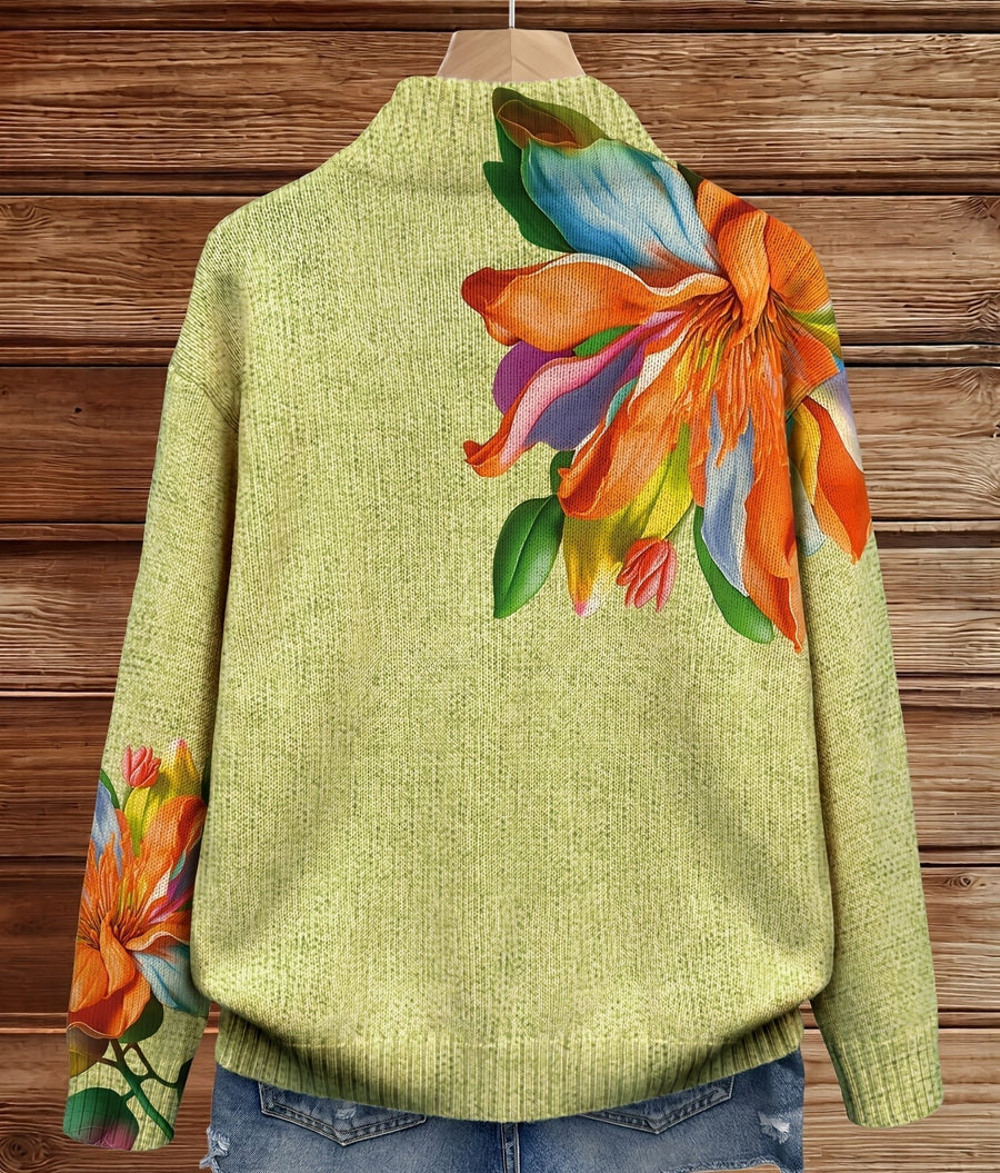Damen Strickjacke Reißverschluss Grün mit buntem Blumenmuster