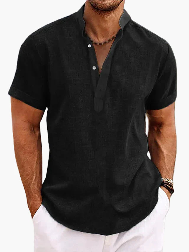 Herren Sommer Veganes Leinenhemd Kurzarm Henley für Freizeit und Urlaub