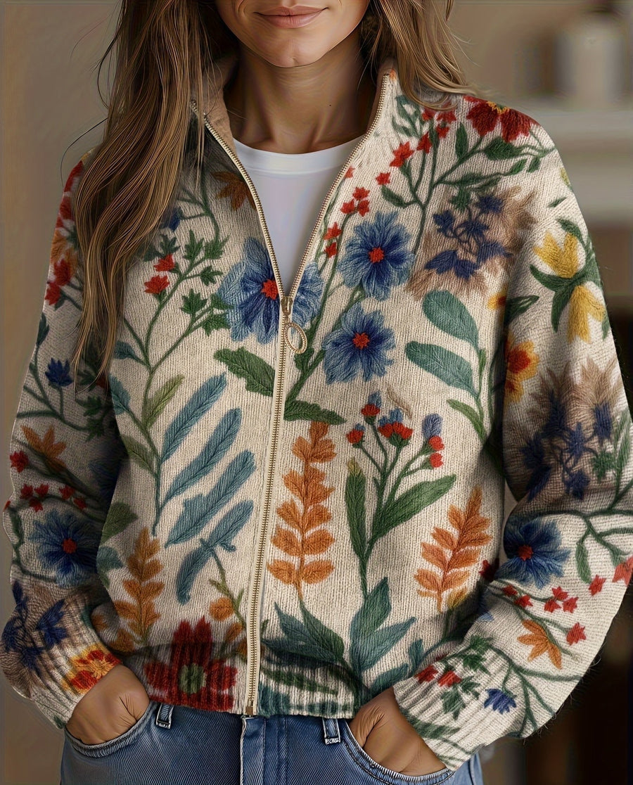 Damen Blumenmuster Strickjacke mit Reißverschluss