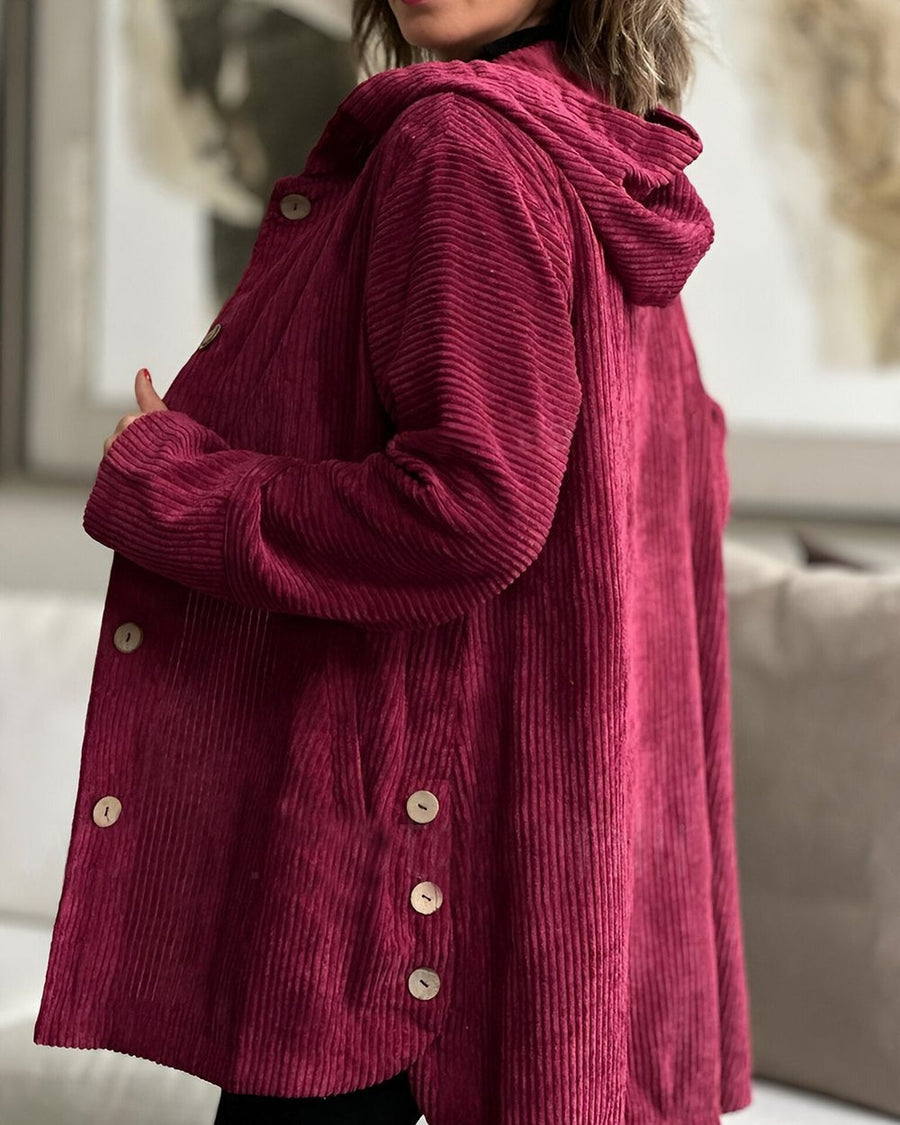 Damescorduroy hoodie-jack met knopen en zakken