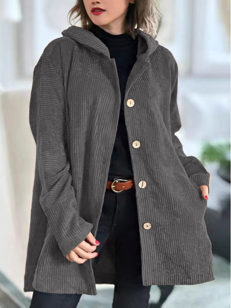 Damescorduroy hoodie-jack met knopen en zakken