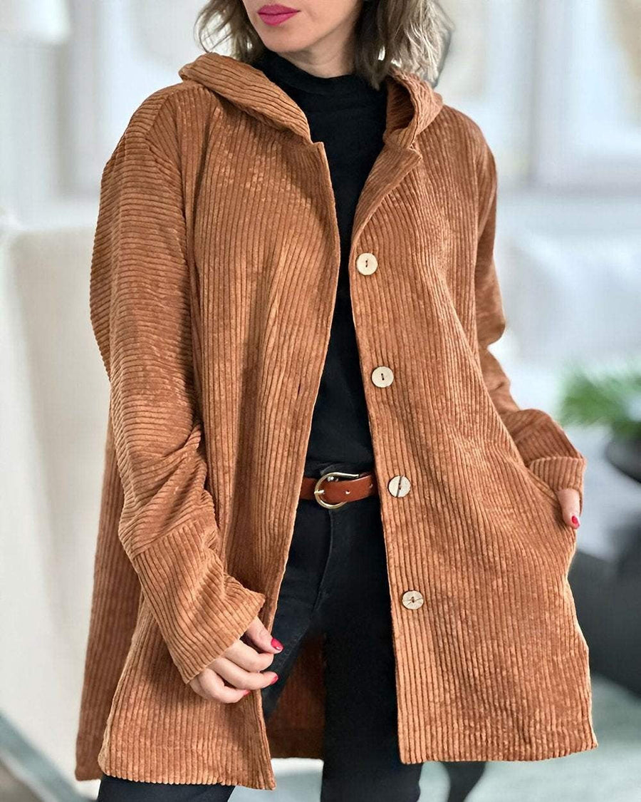Damescorduroy hoodie-jack met knopen en zakken