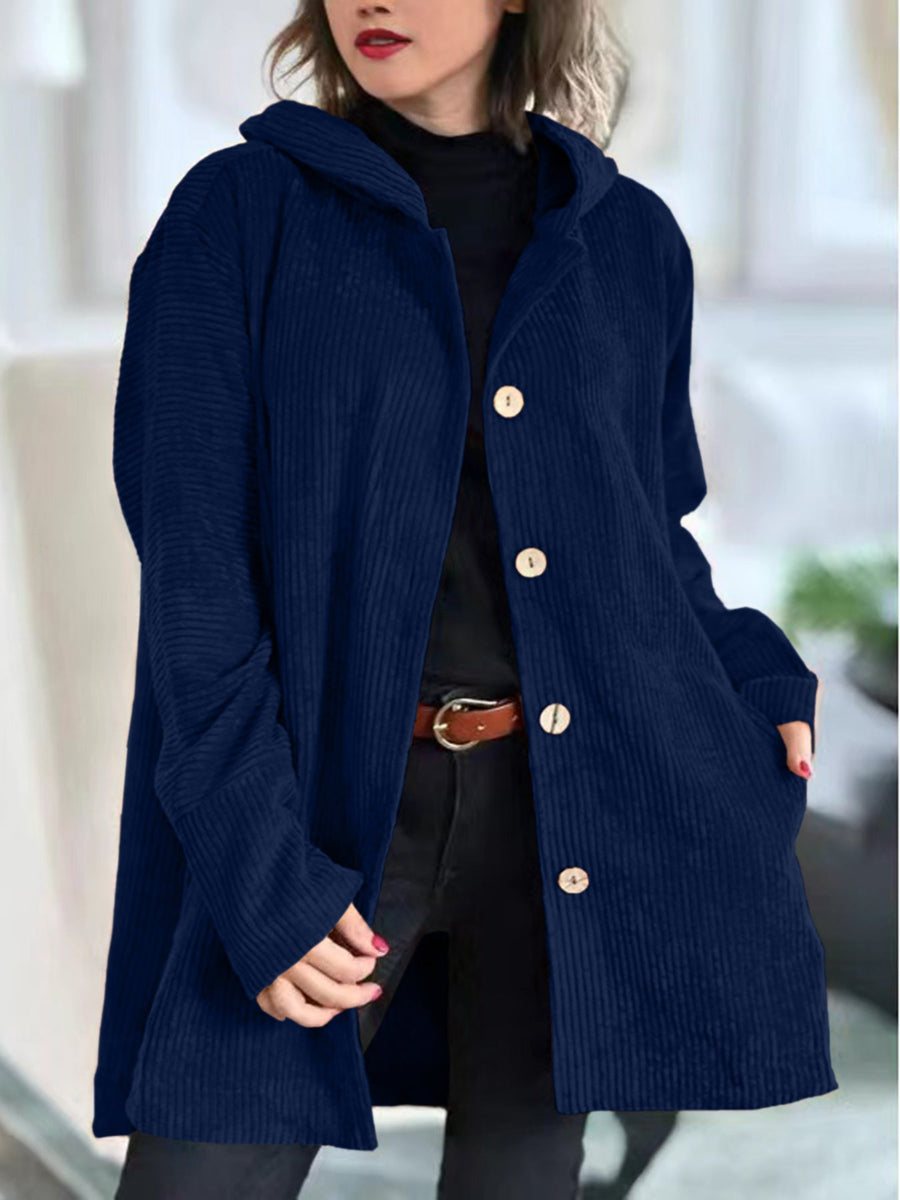 Damescorduroy hoodie-jack met knopen en zakken