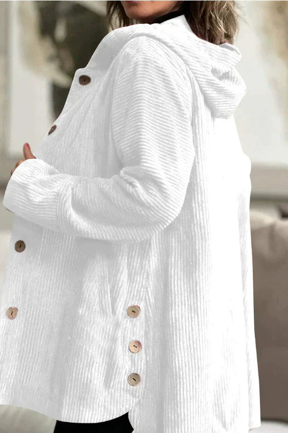 Damescorduroy hoodie-jack met knopen en zakken