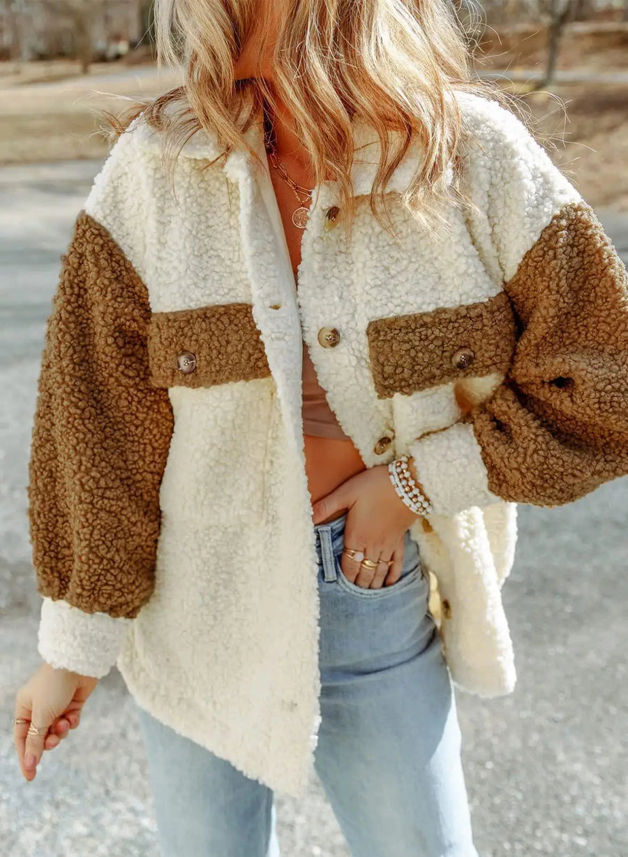 Dames teddyfleecejack, Sherpa-shacket, tweekleurig, lange mouwen en knoopsluiting