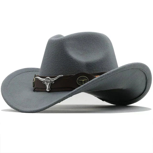 Unisex Cowboyhut Westernhut mit breiter Krempe und Stierkopf-Dekor, weiches Material