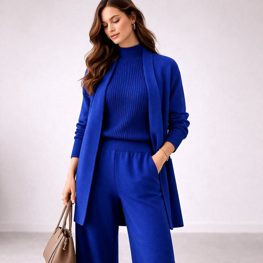Damen Loungewear Strick-Set: Rollkragenpullover, Cardigan & weite Hose