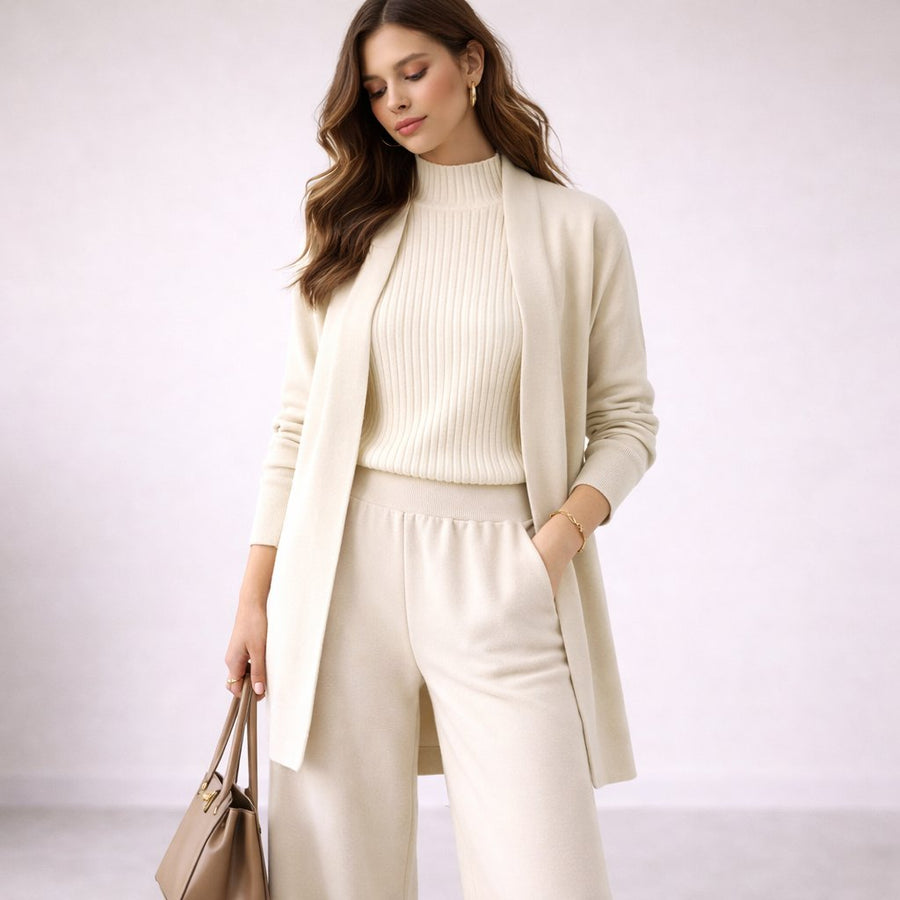 Damen Loungewear Strick-Set: Rollkragenpullover, Cardigan & weite Hose