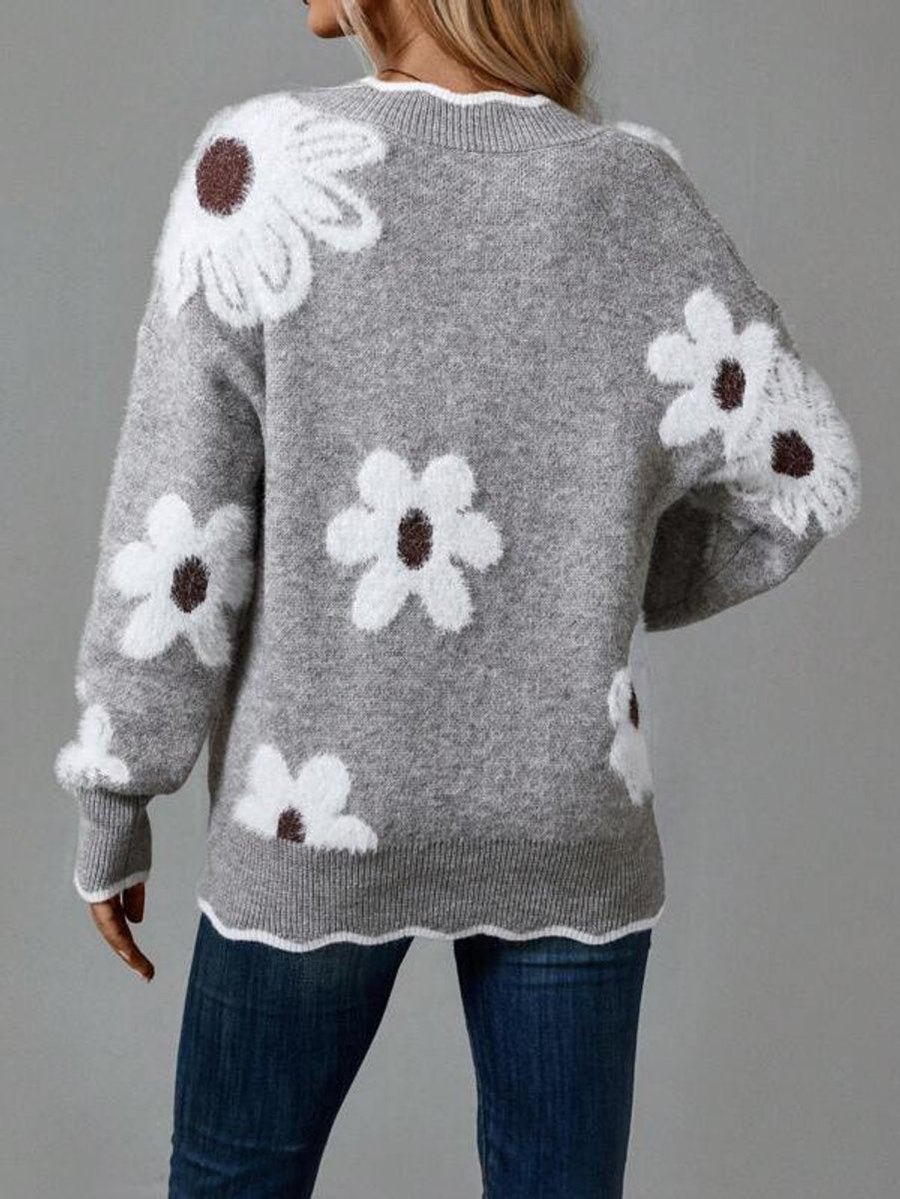Dames gebreide trui met V-hals, pluizige bloemenapplicaties en lange mouwen