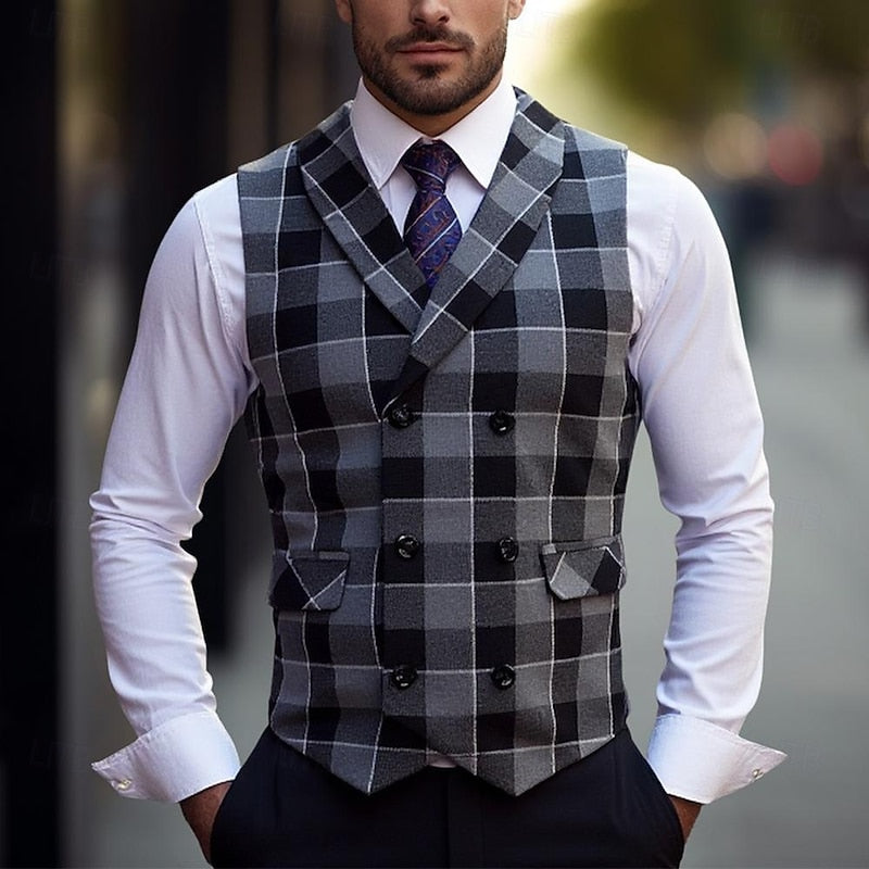 Herren Karierte Weste Doppelt Knopfleiste V-Ausschnitt Slim Fit