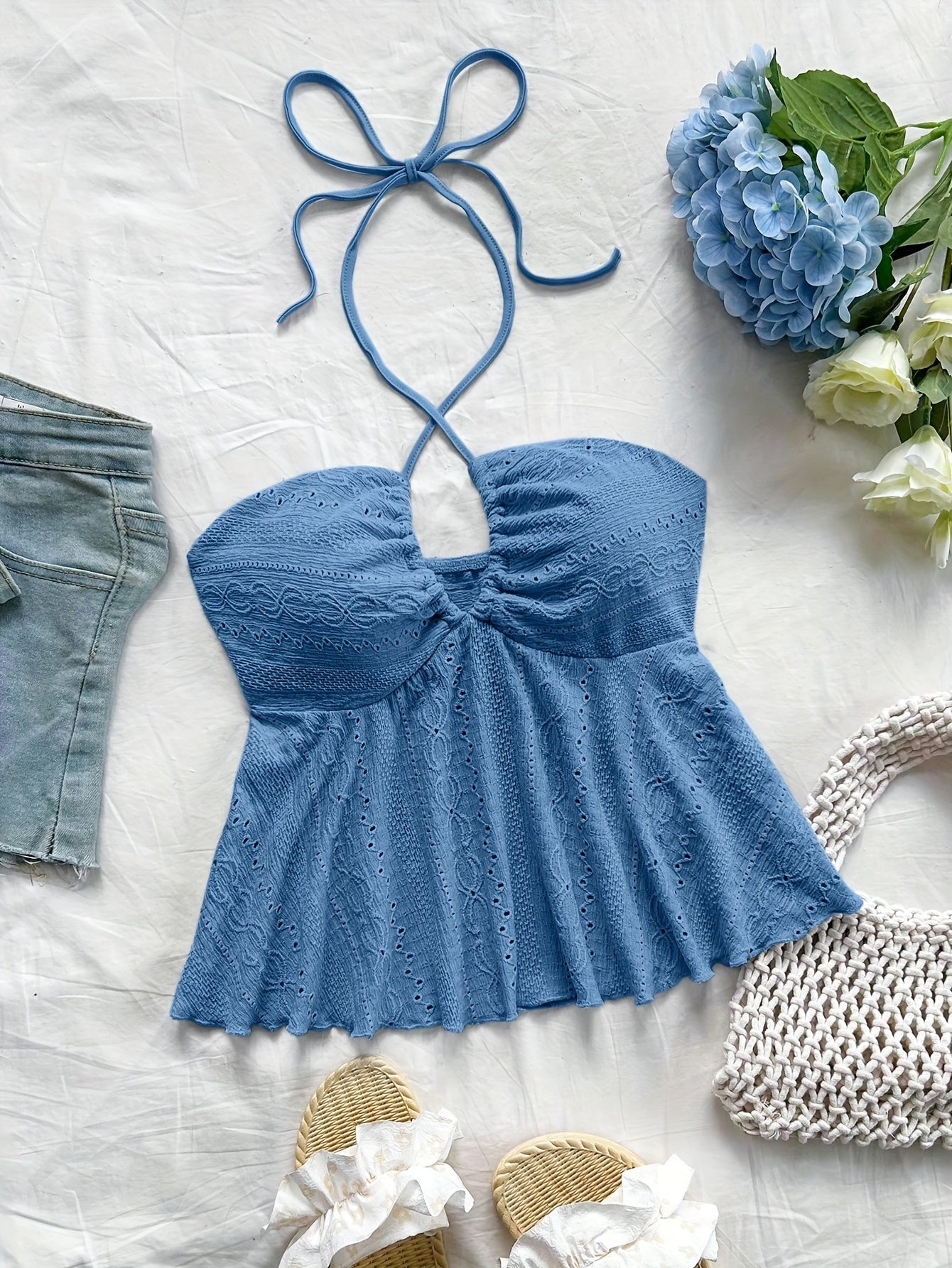 Damen Halter Babydoll Top mit Stickerei – Romantischer Vintage-Look für Freizeit & Urlaub
