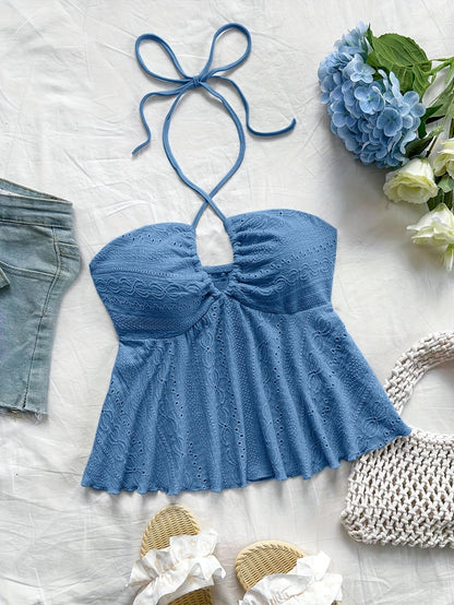 Damen Halter Babydoll Top mit Stickerei – Romantischer Vintage-Look für Freizeit & Urlaub