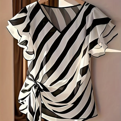 Damen Bluse mit Streifenmuster und Rüschenärmeln – Eleganter V-Ausschnitt und Taillenschleife, modisch für Büro und Freizeit