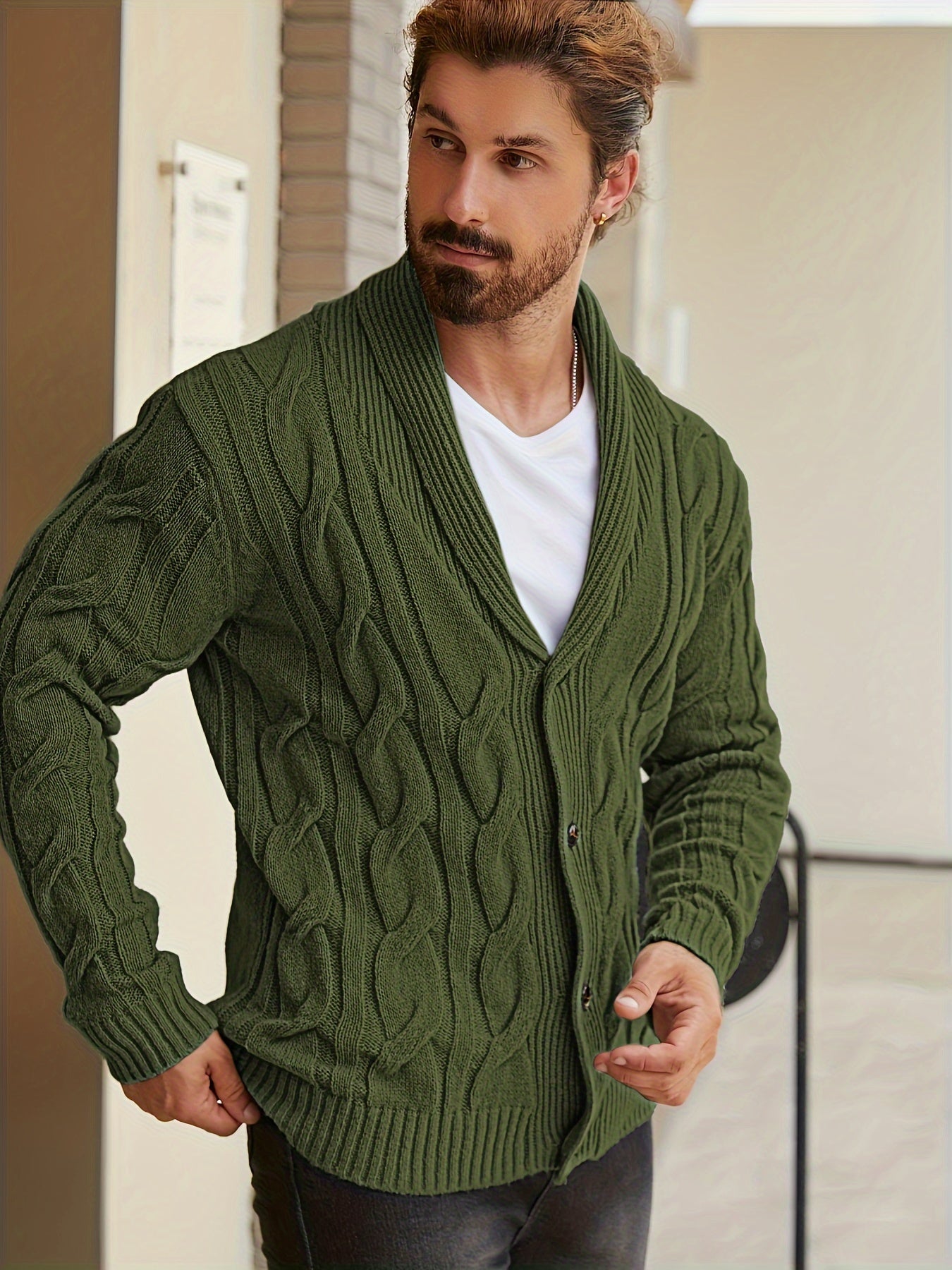 Herren Strickjacke Schalkragen Zopfmuster Knöpfe