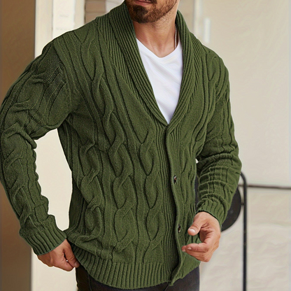 Herren Strickjacke Schalkragen Zopfmuster Knöpfe