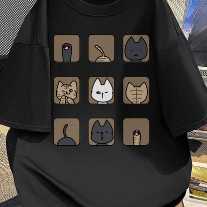 Damen & Herren T-Shirt mit lustigem Katzen-Motiv – Lockeres Freizeitshirt mit Cartoon Design