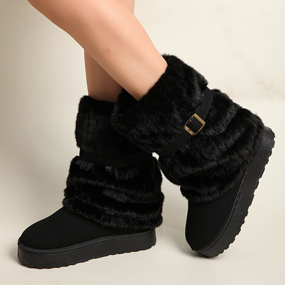 Damen Winterstiefel mit Kunstfell und Schnalle, gefüttert, in Beige, Braun und Schwarz