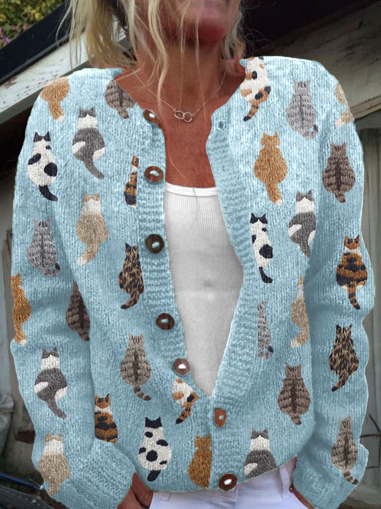 Dames gebreid vest met kattenpatroon en knoopsluiting
