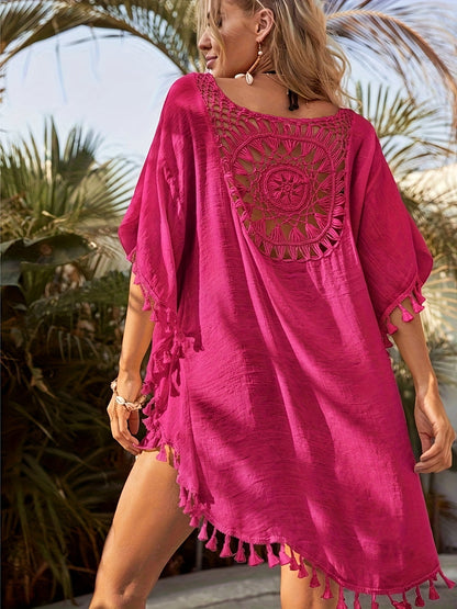 Damen Boho Strand-Tunika mit Häkel-Details und lockerer Passform – Perfekt als Badebekleidung-Überwurf für Urlaub & Pool