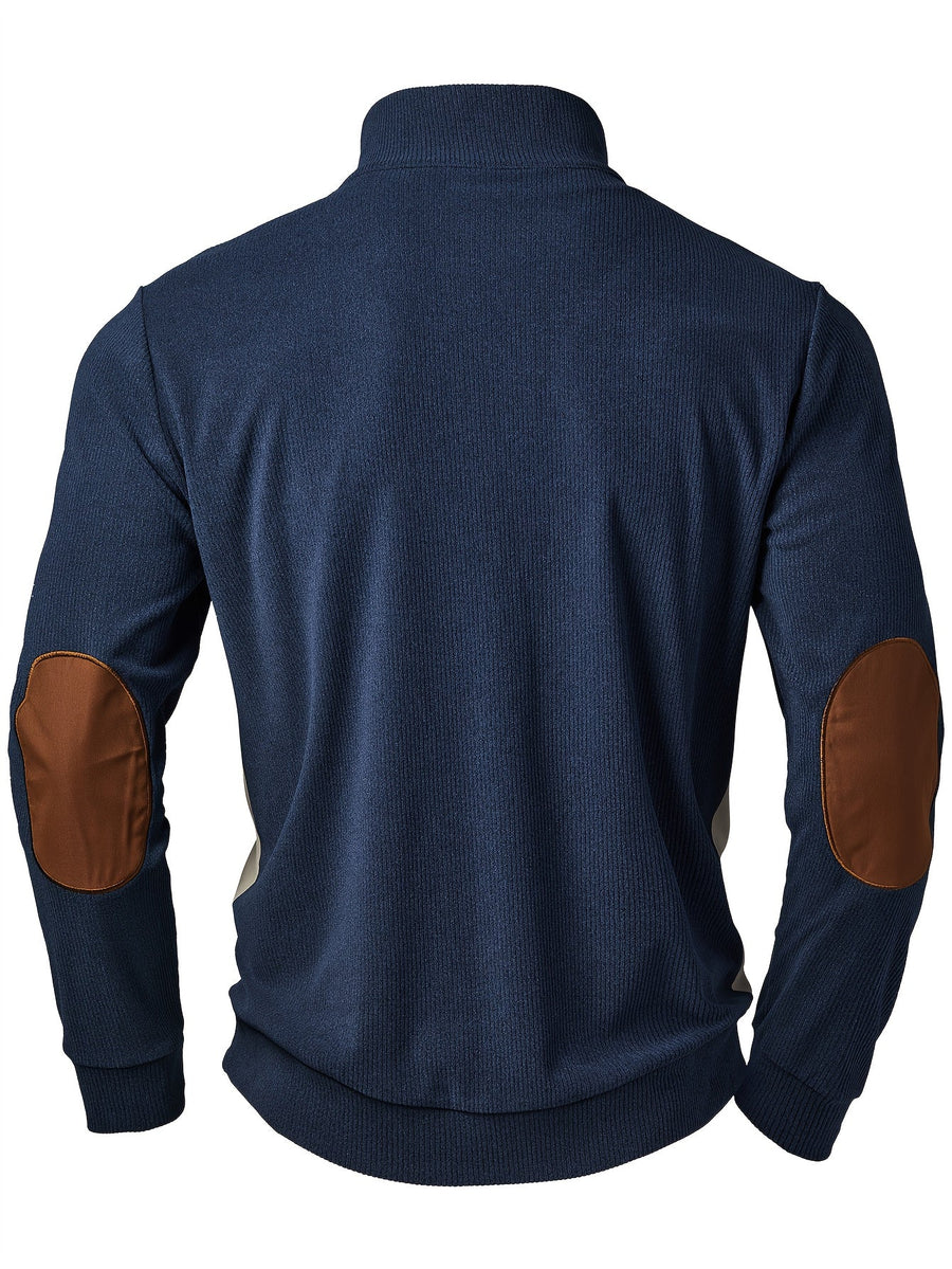 Herren Strickpullover Blau Beige mit Stehkragen & Knopfleiste, Ellbogen-Patches