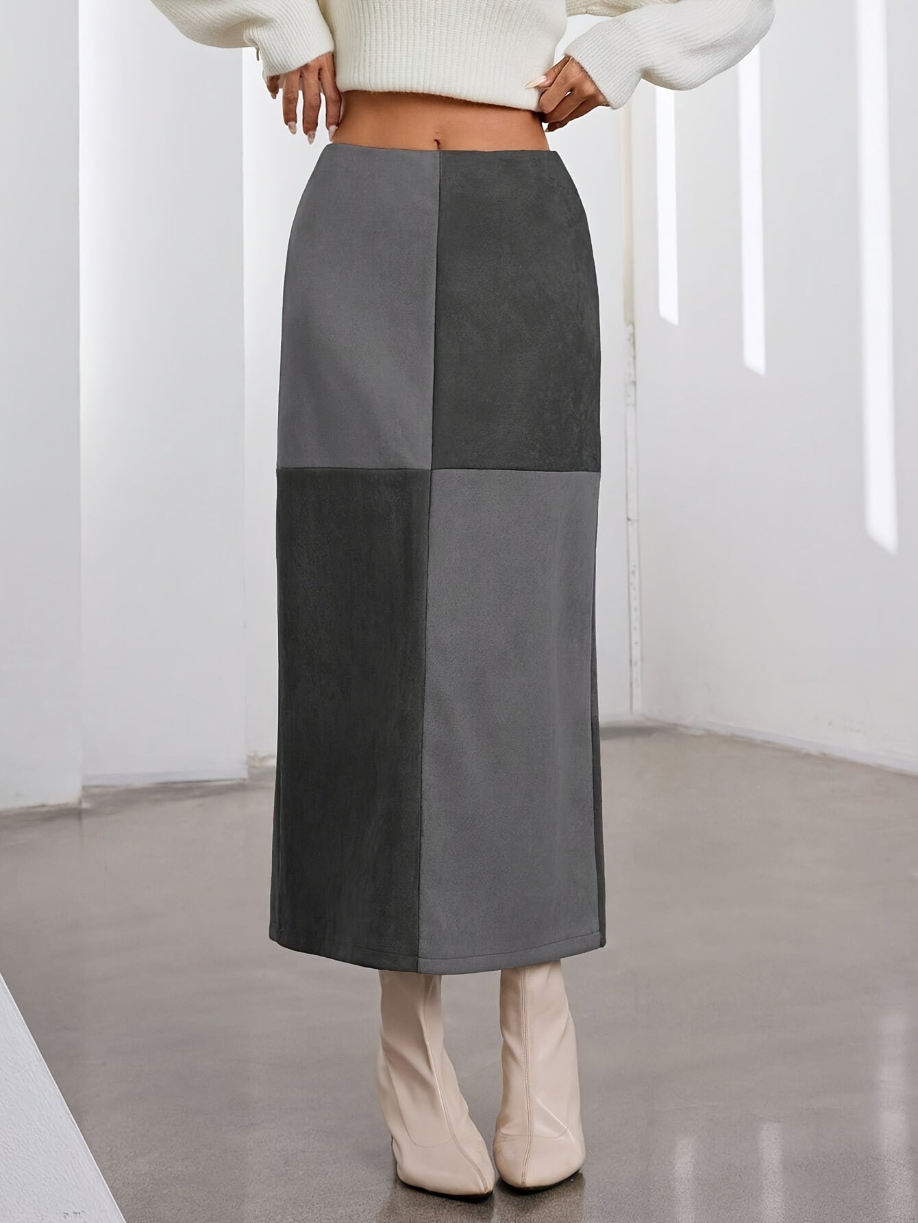 Damen Midi-Rock Patchwork A-Linie Zweifarbig mit hohem Bund