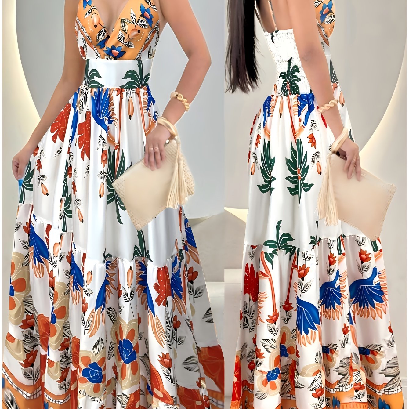 Damen Boho Maxikleid mit tropischem Print und tiefem V-Ausschnitt – Elegantes Sommerkleid für besondere Anlässe