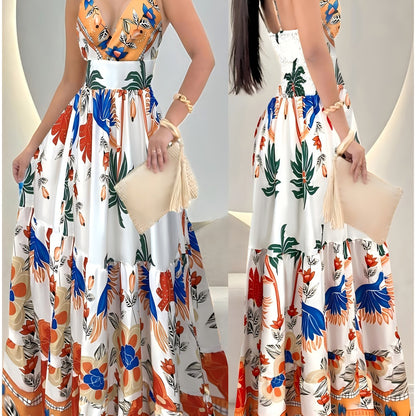 Damen Boho Maxikleid mit tropischem Print und tiefem V-Ausschnitt – Elegantes Sommerkleid für besondere Anlässe