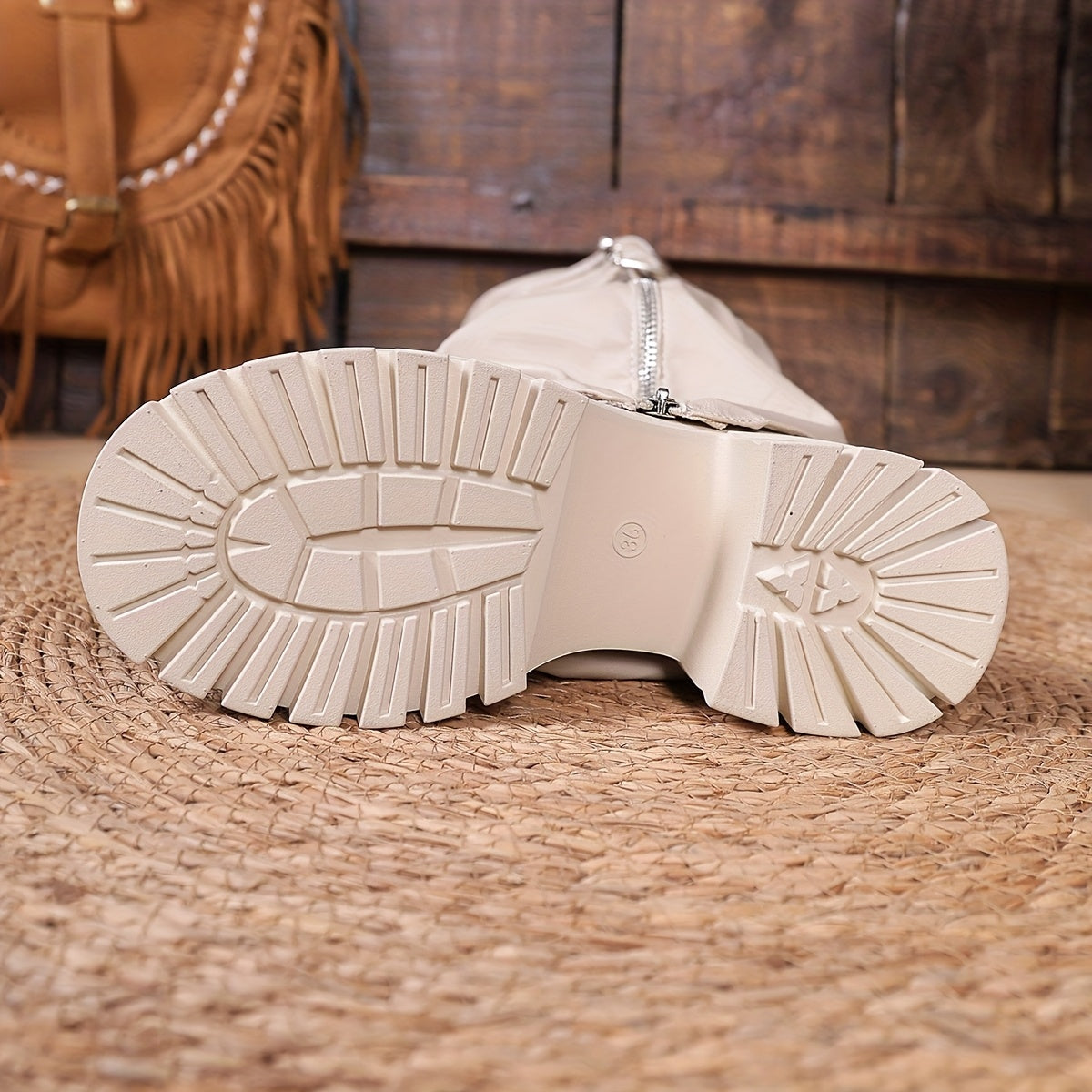 Damen Stiefel mit Reißverschluss & Schnallen, Chunky Sohle, Knielang, Schwarz & Beige