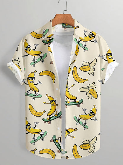 Herren Freizeit Hemd mit Skateboard-Banane Cartoon Print – Kurzarm, Lustiger Stil für Alltag & Party