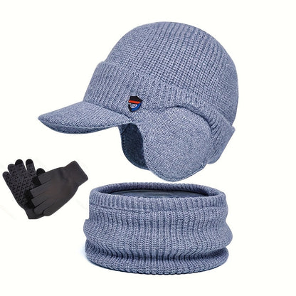 Set met gebreide wintermuts met klep en oorflappen, handschoenen en sjaal