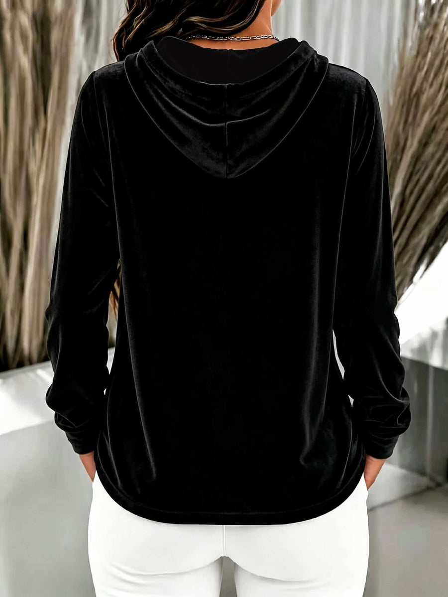 Damen Hoodie Samtoptik mit Kapuze und Knopfleiste, Langarm Sweatshirt Freizeitoberteil
