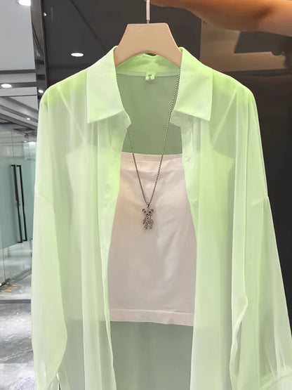 Damen Elegantes Zweiteiler-Set mit Transparenter Bluse und Bandeau Top – Modisches Layering für Alltag und Ausgehen