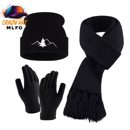Unisex Winter Set Mütze Schal Handschuhe – Gestrickt mit Bergmotiv – In verschiedenen Farben
