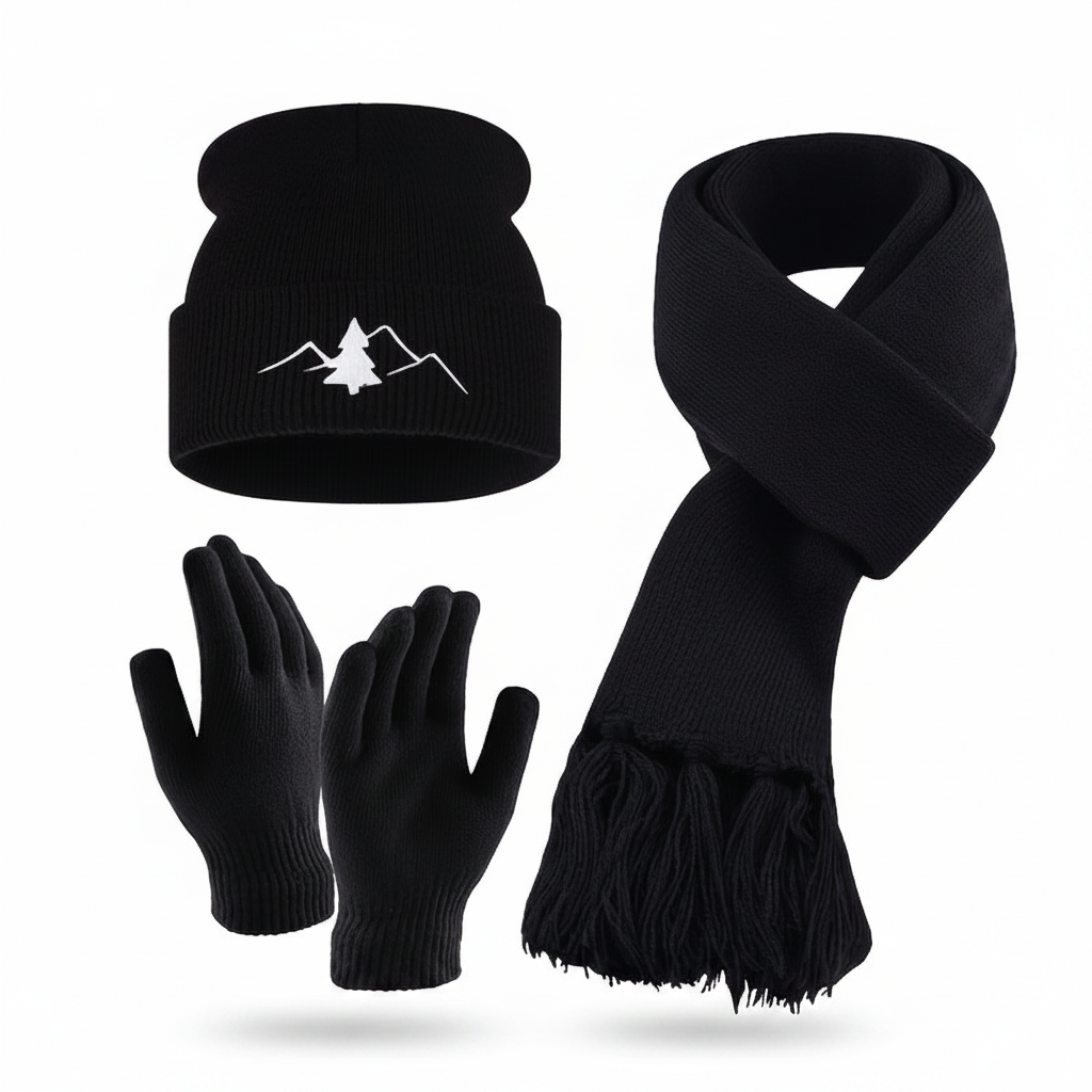 Unisex Winter Set Mütze Schal Handschuhe – Gestrickt mit Bergmotiv – In verschiedenen Farben