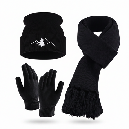 Unisex Winter Set Mütze Schal Handschuhe – Gestrickt mit Bergmotiv – In verschiedenen Farben