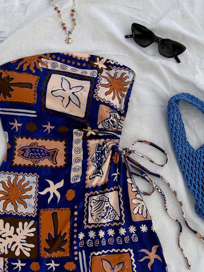 Damen Bandeau Minikleid mit tropischem Print und seitlicher Schleife – Strand- und Urlaubsoutfit