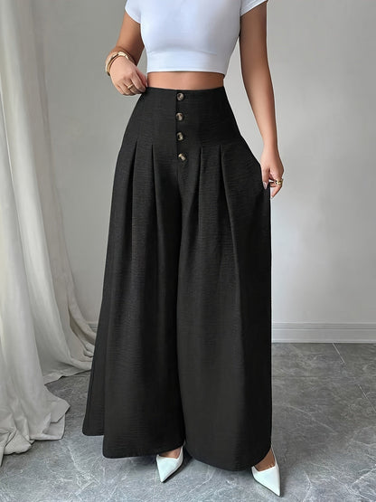 Damen Weite High-Waist-Hose mit Knopfdetails und Eleganten Falten – Modische Business & Freizeit Wide Leg Pants