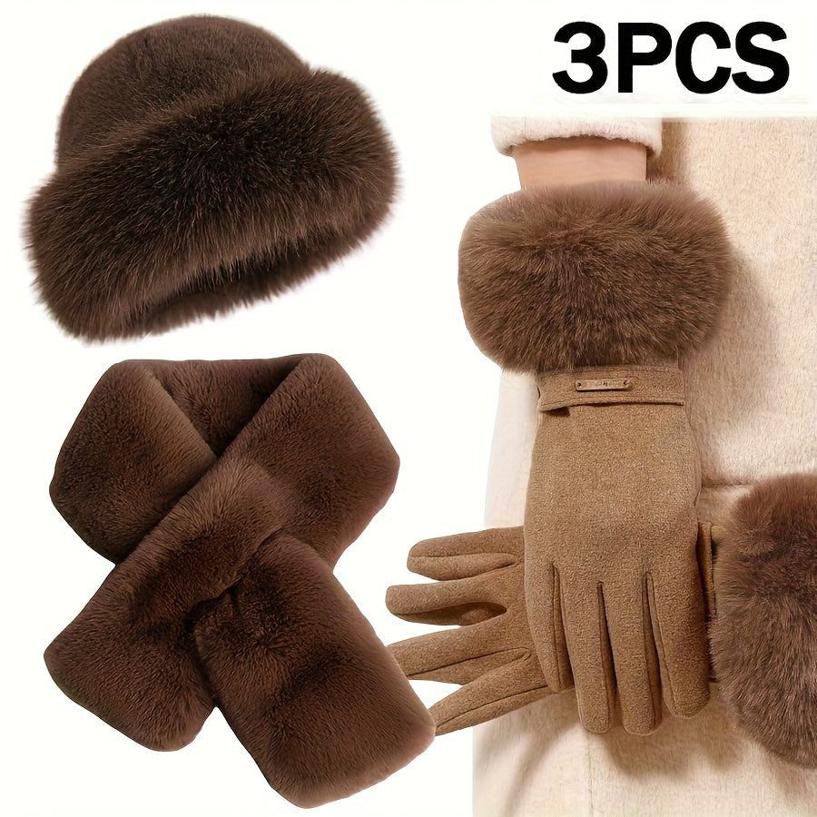 3-teiliges Hut Schal Handschuh Set Damen Winter mit Kunstpelz