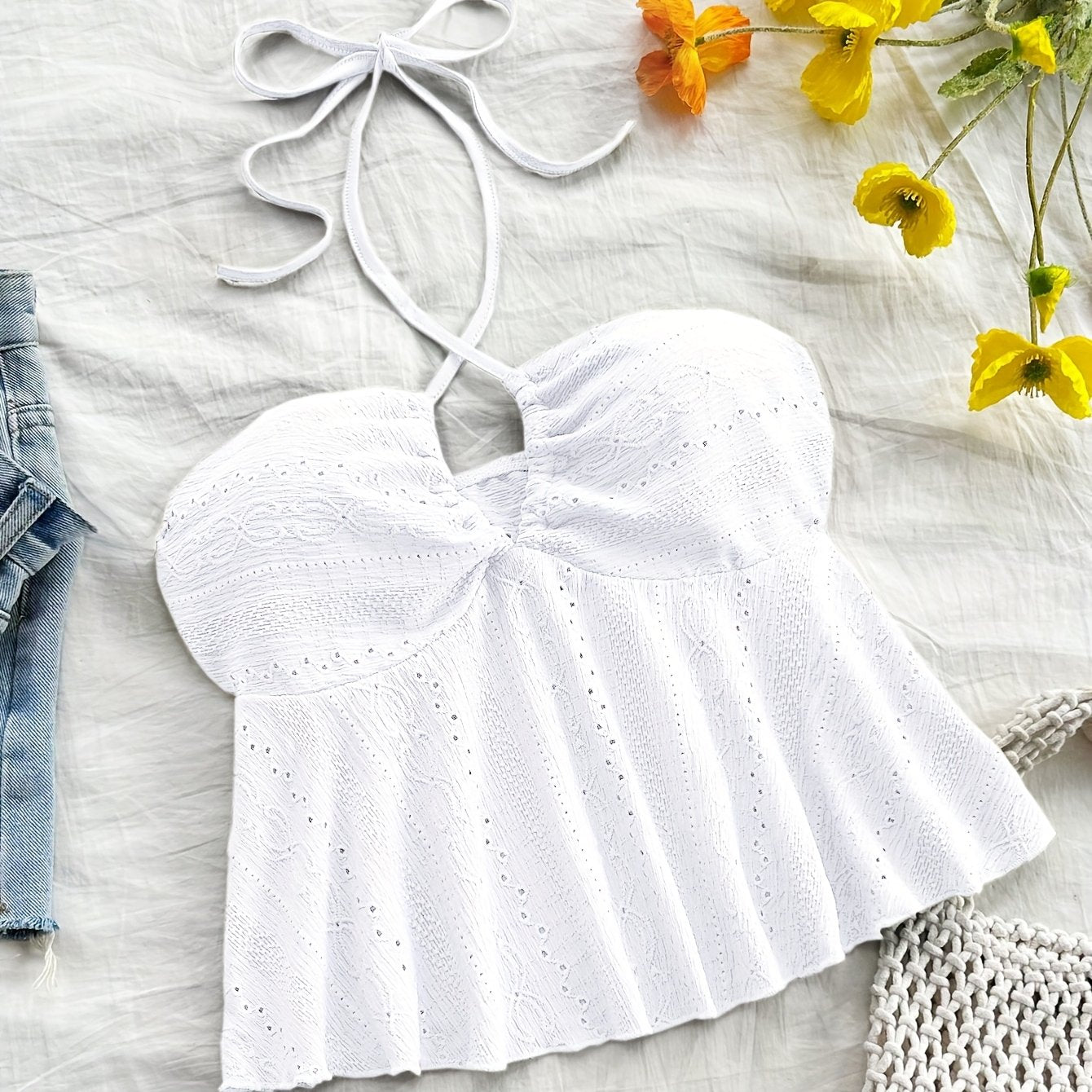 Damen Halter Babydoll Top mit Stickerei – Romantischer Vintage-Look für Freizeit & Urlaub