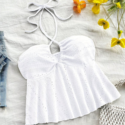 Damen Halter Babydoll Top mit Stickerei – Romantischer Vintage-Look für Freizeit & Urlaub