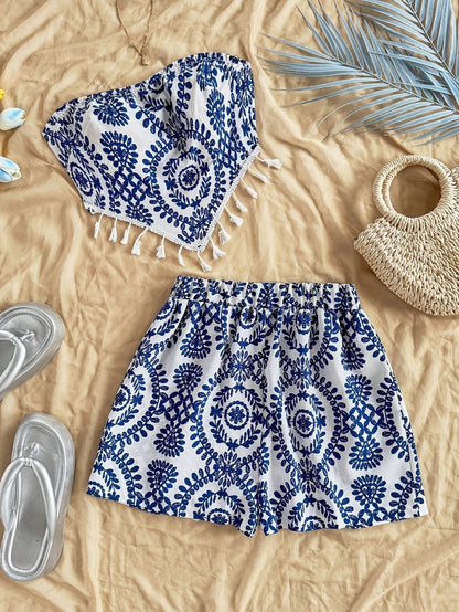 Damen Bandeau-Shorts Set mit Boho-Muster – Zweiteiliges Outfit für Urlaub und Freizeit