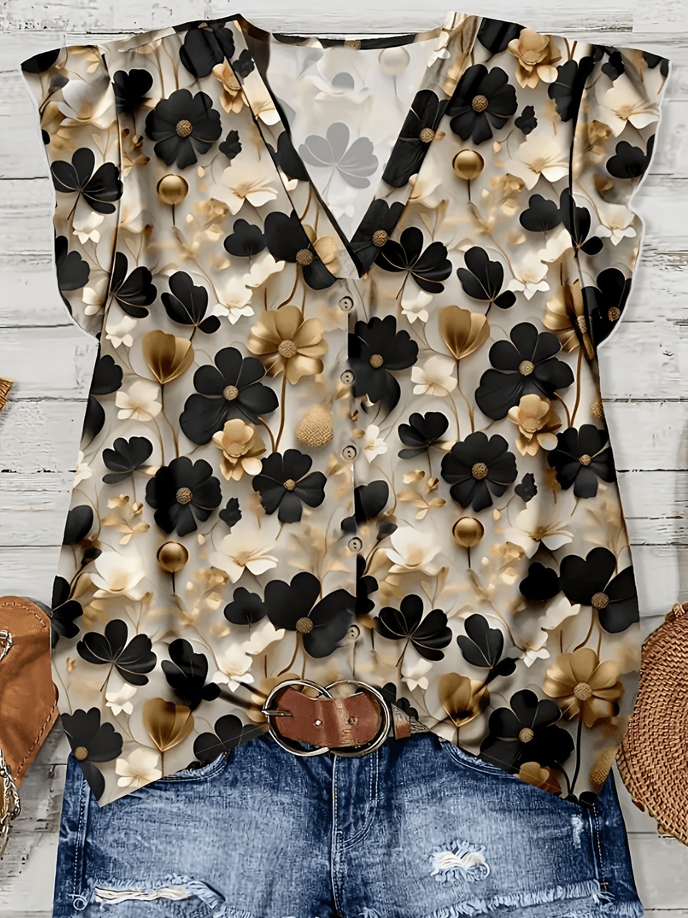 Damen-Bluse mit Blumenmuster und V-Ausschnitt – Eleganter Freizeit- und Alltagsstil