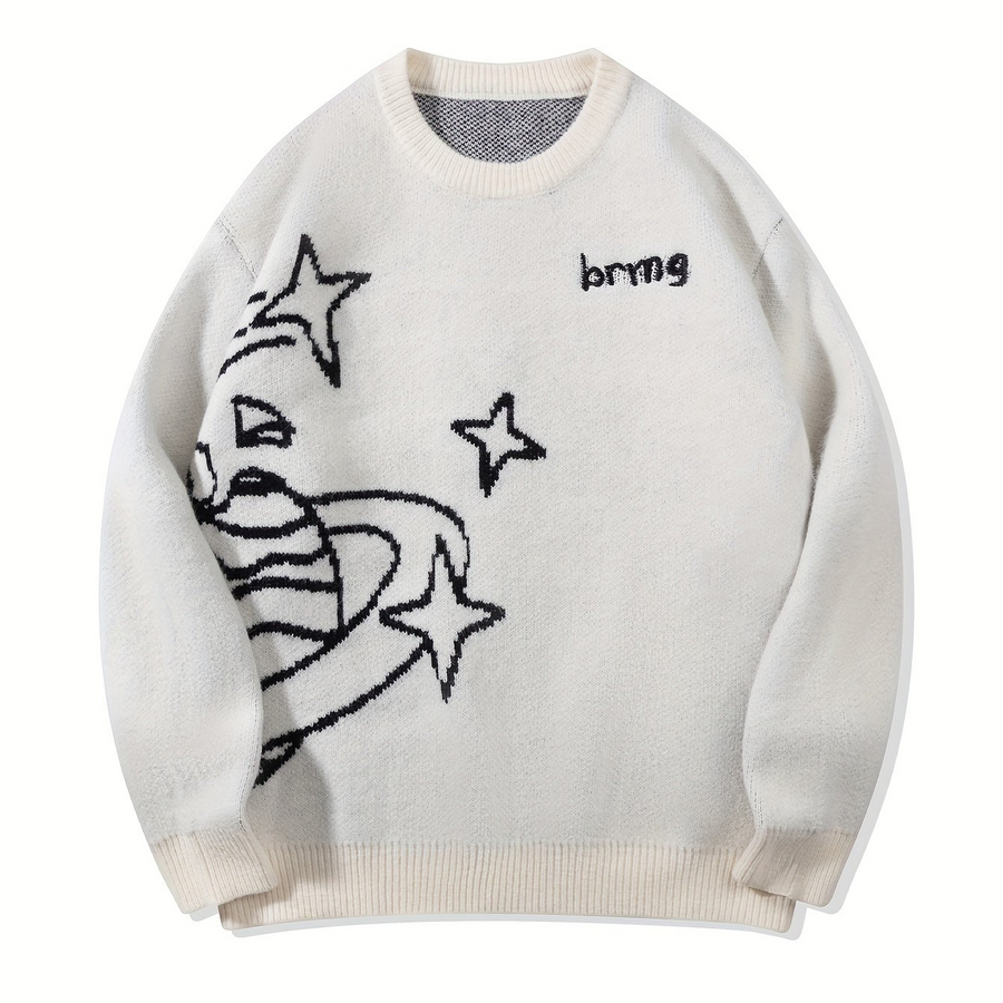 Unisex Strickpullover Rundhals mit Planeten- & Sternenmuster, Weit Geschnitten