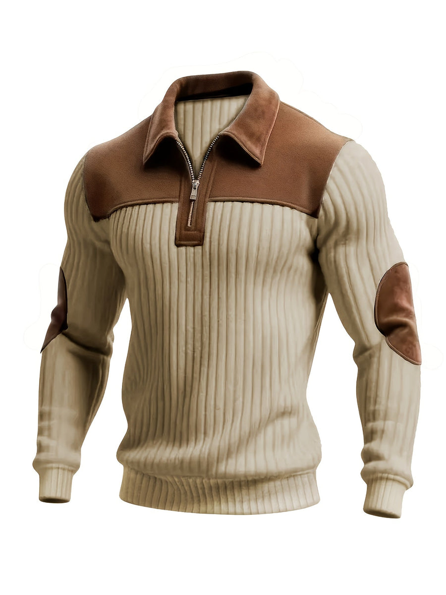 Herren Strickpullover Rippstrick Reißverschluss Kragen Ellenbogenpatches Beige Braun