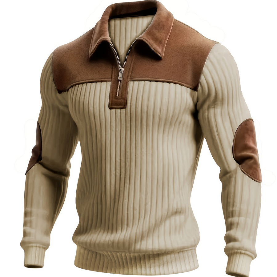 Herren Strickpullover Rippstrick Reißverschluss Kragen Ellenbogenpatches Beige Braun