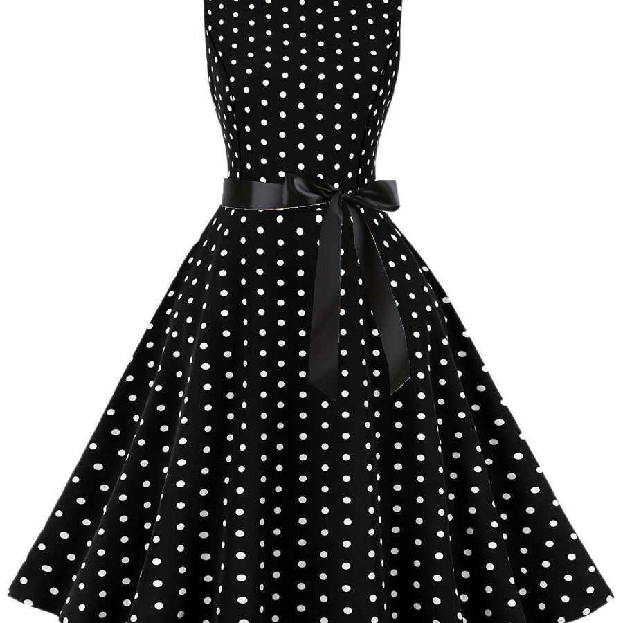 Damen Vintage Rockabilly Polka Dots Kleid mit Schleifen-Gürtel, Elegant, Ärmelos, Festlich & Alltag
