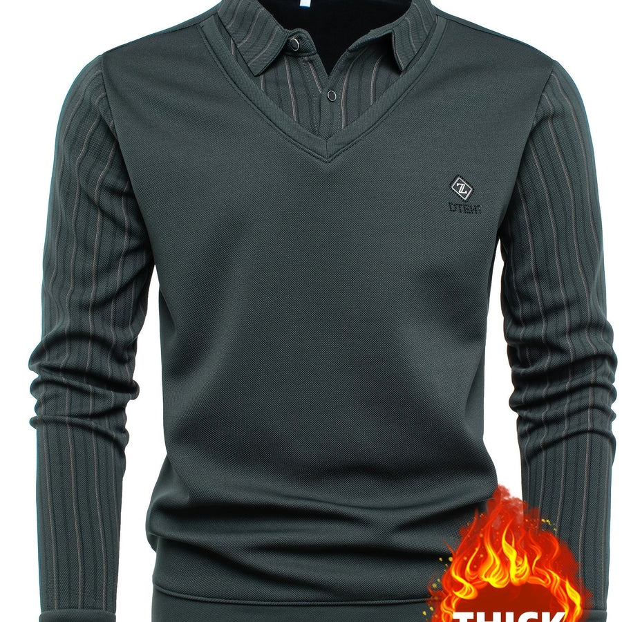 Herren Langarmshirt mit V-Ausschnitt und Hemdkragen, Streifenmuster