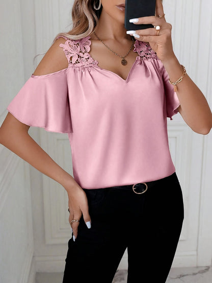 Damen Cold-Shoulder Bluse mit Spitze und Elegantem Schnitt für Alltag und Ausgehen