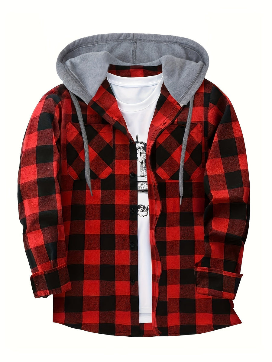 Kariertes Kapuzenhemd für Herren mit Knopfleiste, lange Ärmel, Brusttaschen
