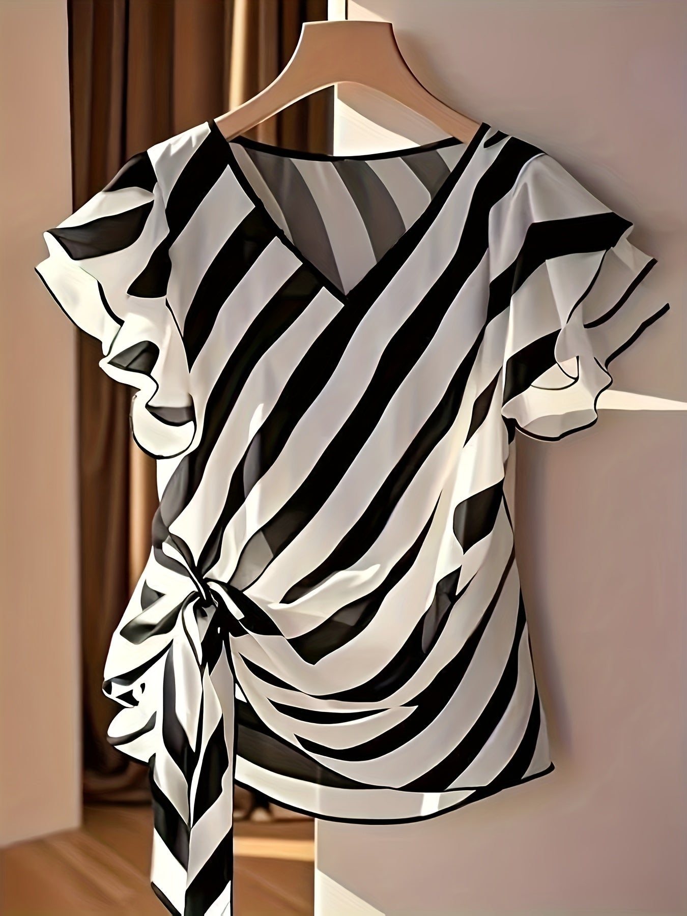 Damen Bluse mit Streifenmuster und Rüschenärmeln – Eleganter V-Ausschnitt und Taillenschleife, modisch für Büro und Freizeit